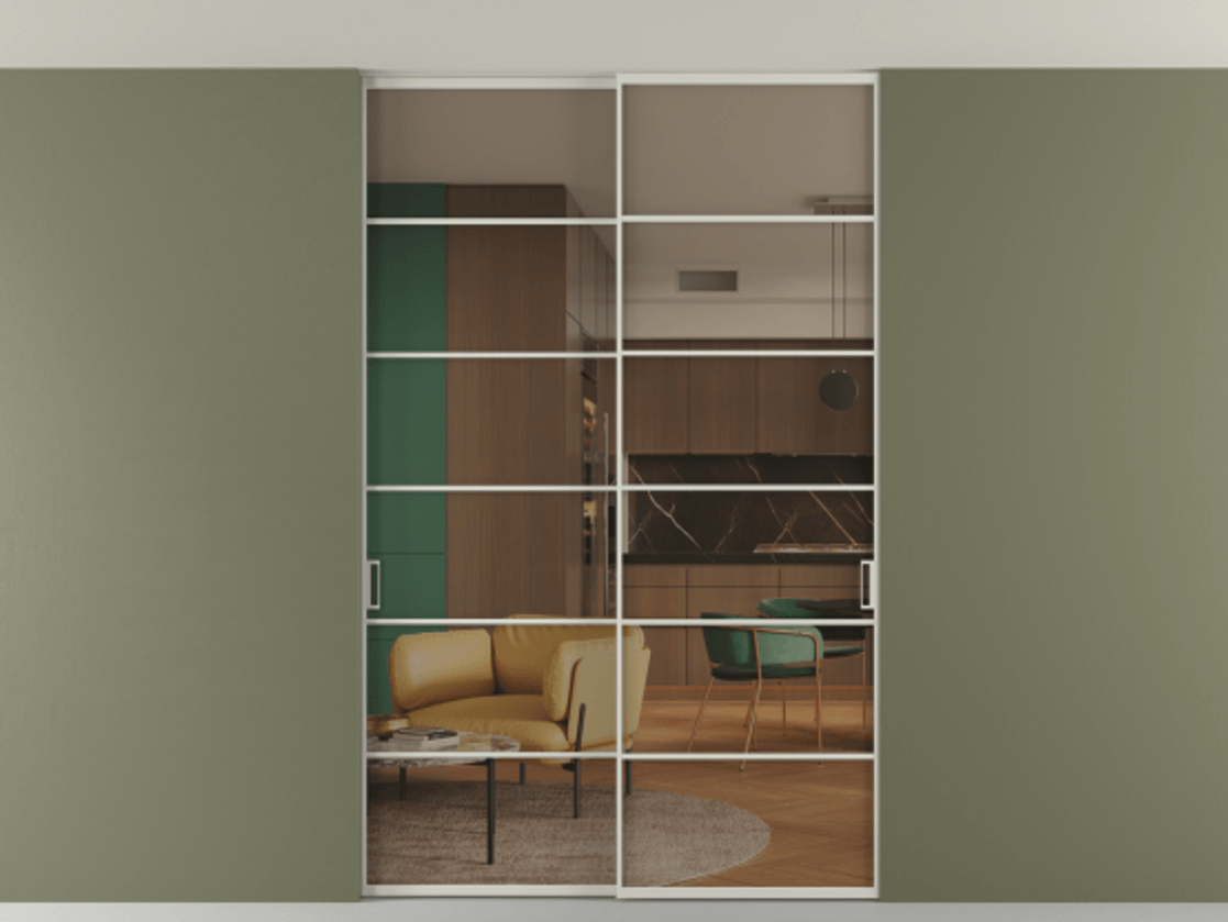 Перегородка Формато внутри проёма скрытое крепление в потолок 2 створки АЛПР 040.04 Алюминий тёплый серый Прозрачное бронзовое стекло, триплекс Цена 261085 ₽ | Volhovec