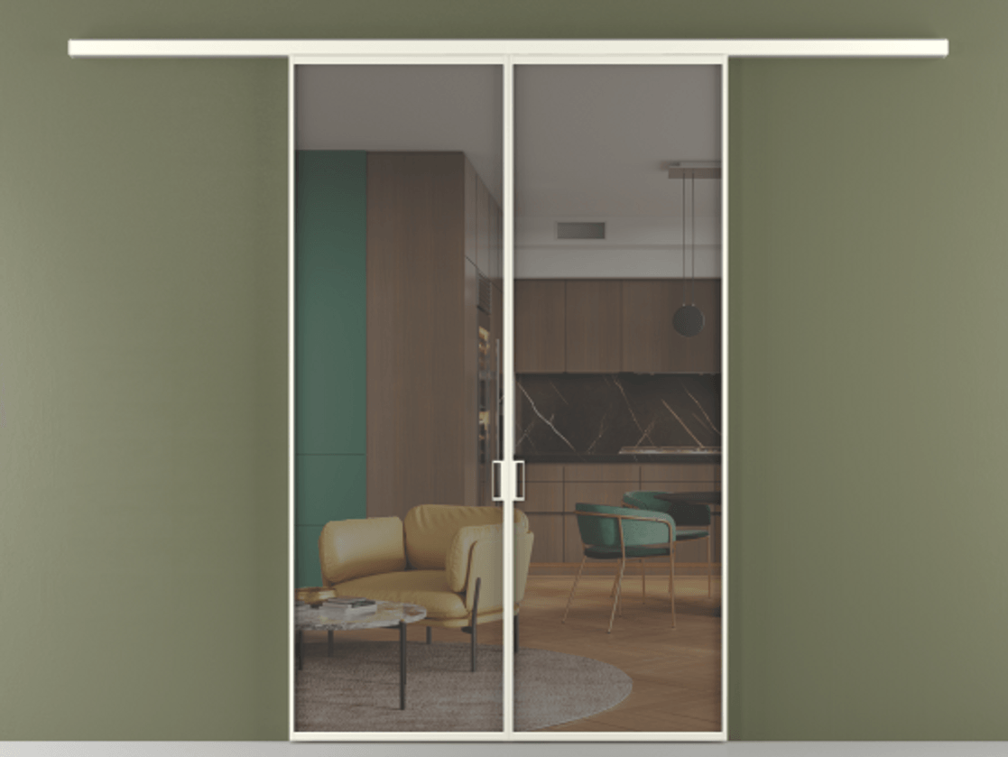 Перегородка Формато вдоль стены 2 створки АЛПР 040.01 Алюминий жемчужный Прозрачное серое стекло, триплекс Цена 187350 ₽ | Volhovec