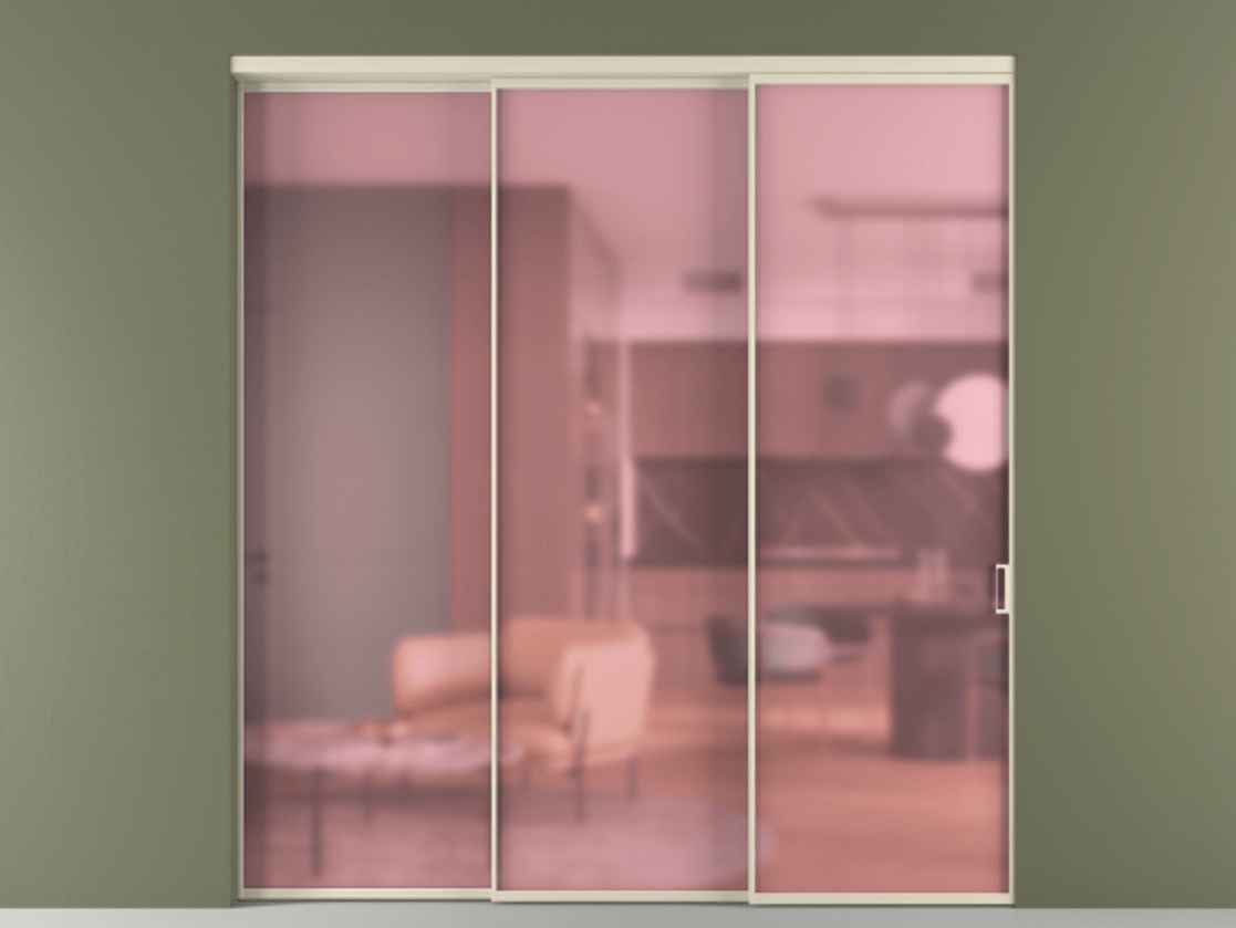 Перегородка Formato внутри проёма 3 створки с синхронным механизмом АЛПР 040.01 Алюминий бежево-серый Сатинированное розовое стекло, триплекс Цена 373400 ₽  | Volhovec
