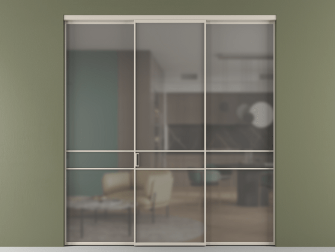 Перегородка Формато внутри проёма 3 створки АЛПР 040.02 Алюминий светло-бежевый Сатинированное серое стекло, триплекс Цена 237275 ₽ | Volhovec