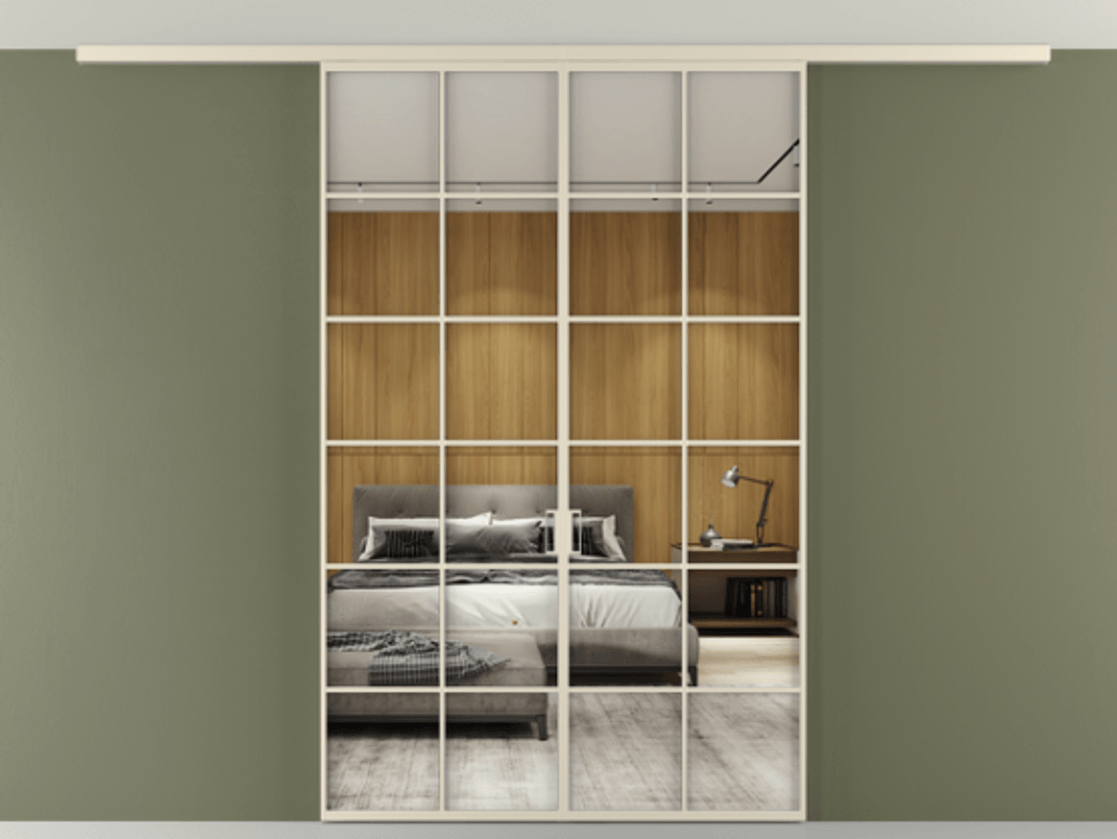 Перегородка Формато вдоль стены на потолок 2 створки АЛПР 040.05 Алюминий бежево-серый Двустороннее зеркало, триплекс , триплекс 6 мм Цена 208604 ₽ | Volhovec