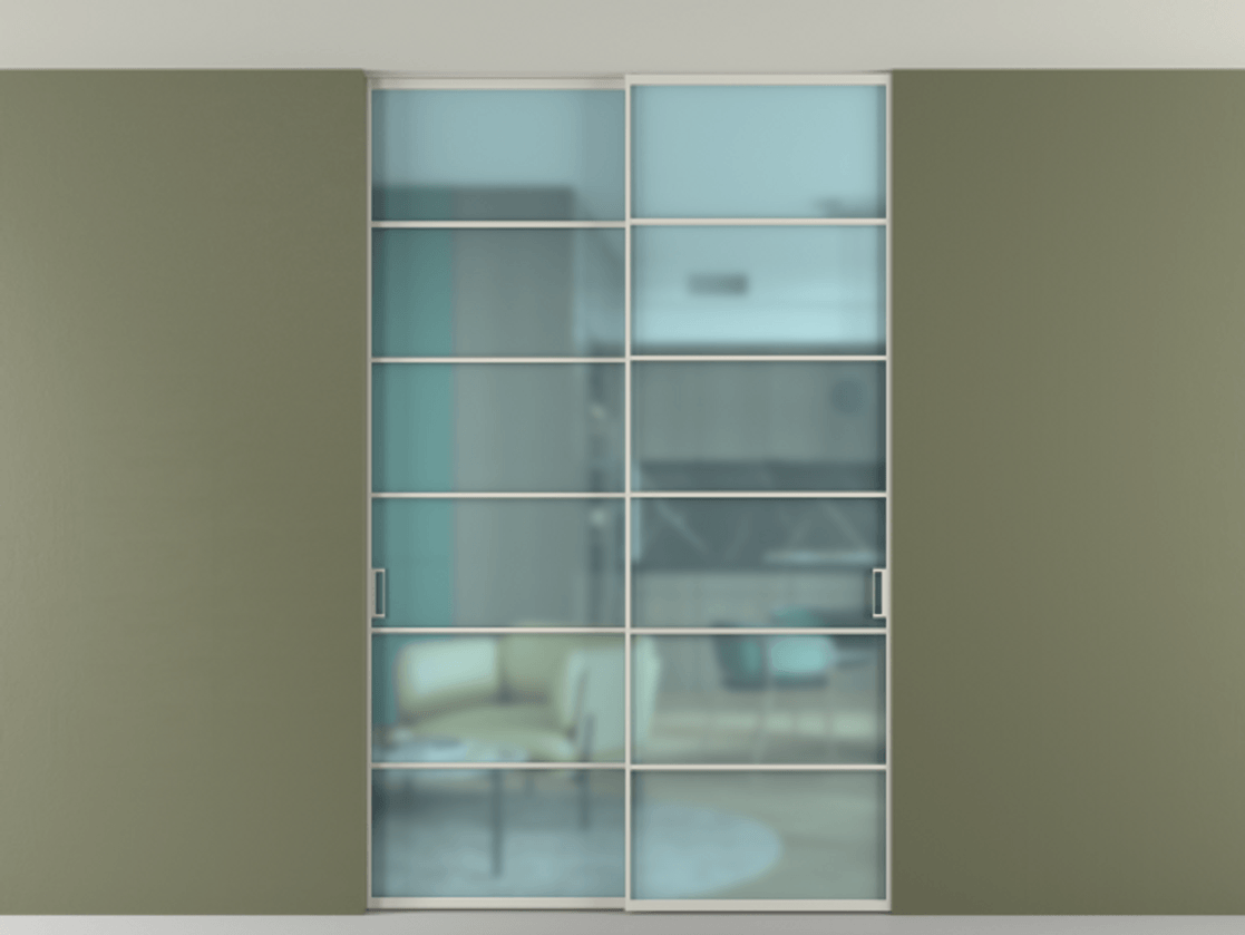 Перегородка Формато внутри проёма скрытое крепление в потолок 2 створки АЛПР 040.04 Алюминий тёплый серый Сатинированное голубое стекло, триплекс Цена 261085 ₽ | Volhovec