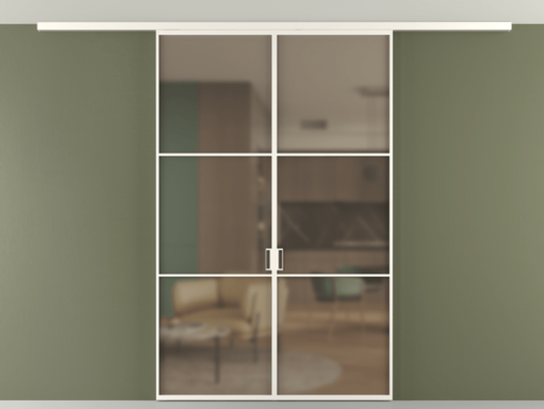 Перегородка Формато вдоль стены на потолок 2 створки АЛПР 040.03 Алюминий пудровый белый Сатинированное бронзовое стекло, триплекс Цена 227920 ₽ | Volhovec