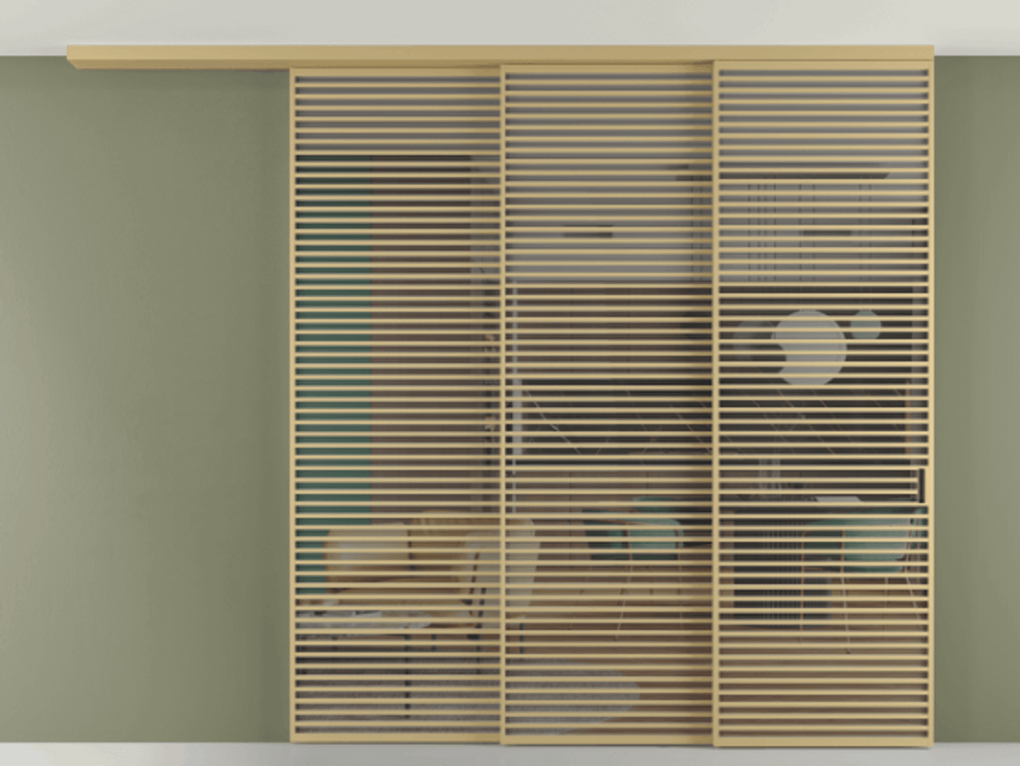 Перегородка Формато вдоль стены на потолок 3 створки с синхронным механизмом АЛПР 040.07 Золотой Прозрачное серое стекло, триплекс Цена 885760 ₽ | Volhovec