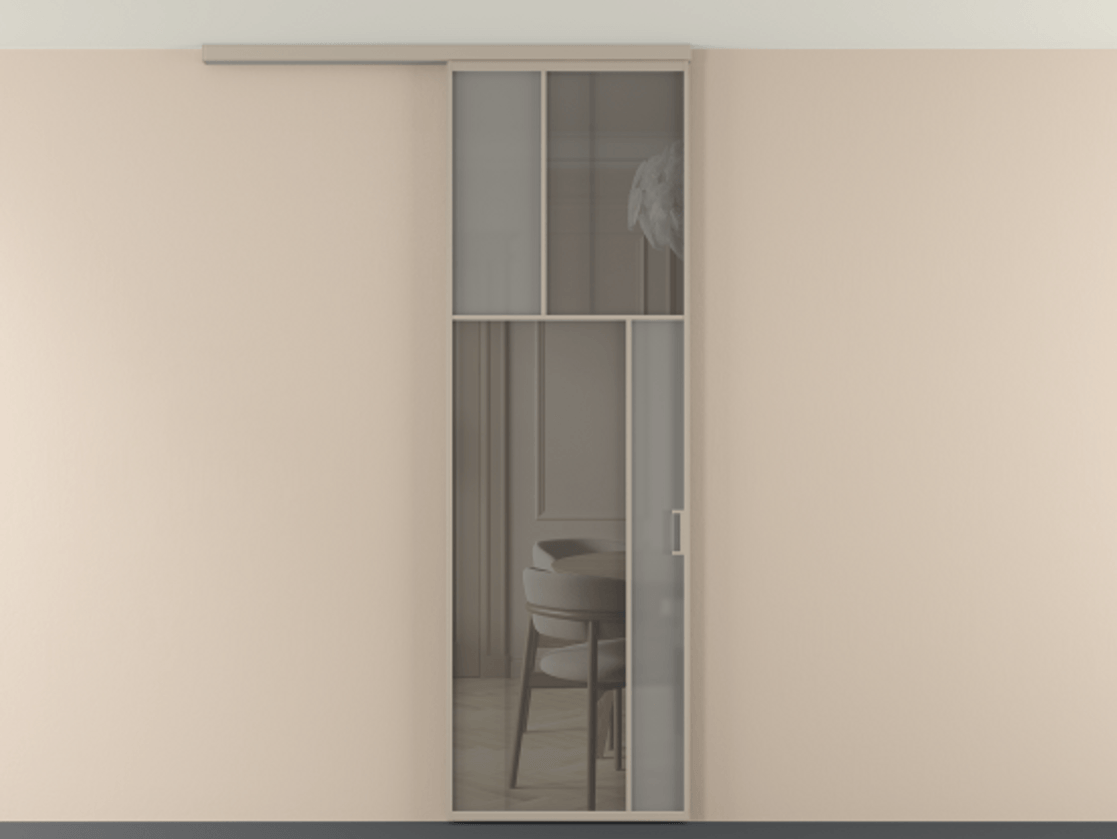 Перегородка Мозаик вдоль стены на потолок 1 створка АЛПР 041.23 Алюминий бисквитный Сатинированное серое стекло, триплекс, 6 мм + Прозрачное серое стекло, триплекс Цена 135040 ₽ | Volhovec