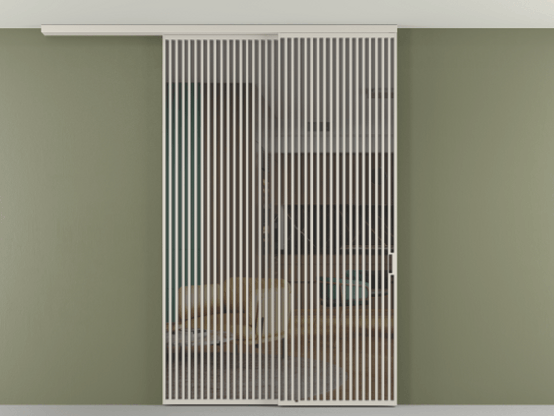 Перегородка Формато вдоль стены на потолок 2 створки с синхронным механизмом АЛПР 040.06 Алюминий облачно-серый Прозрачное серое стекло, триплекс Цена 450456 ₽ | Volhovec