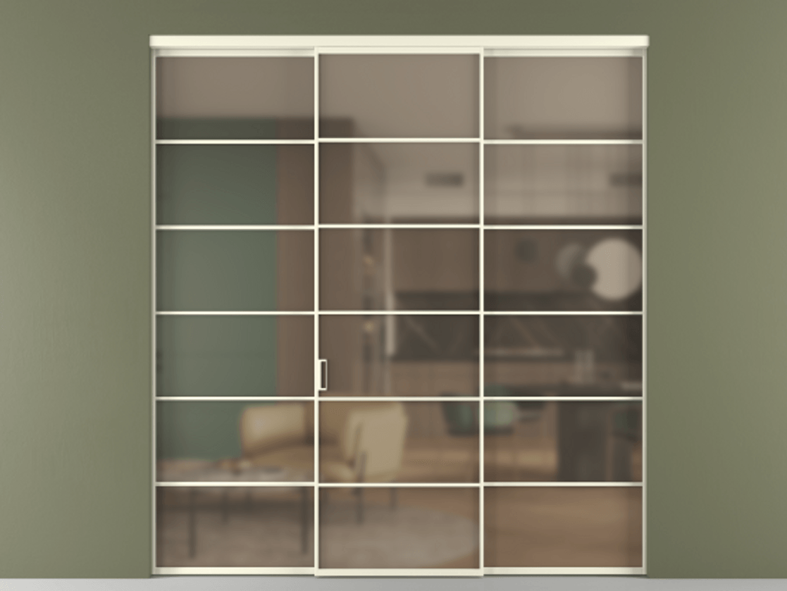 Перегородка Формато внутри проёма 3 створки АЛПР 040.04 Алюминий молочно-белый Сатинированное бронзовое стекло, триплекс Цена 254825 ₽ | Volhovec