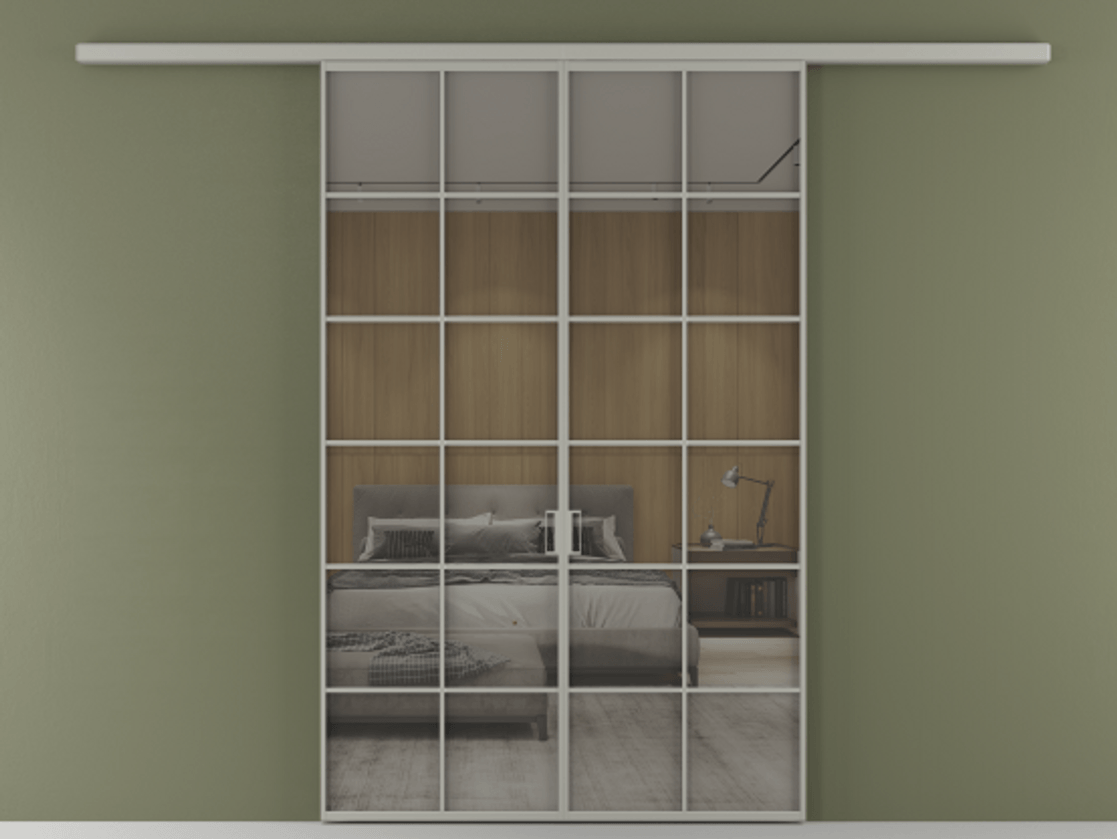 Перегородка Formato вдоль стены 2 створки АЛПР 040.05 Алюминий нейтральный серый Рефлективное серое стекло "Stopsol", калёное Цена 264600 ₽ | Volhovec