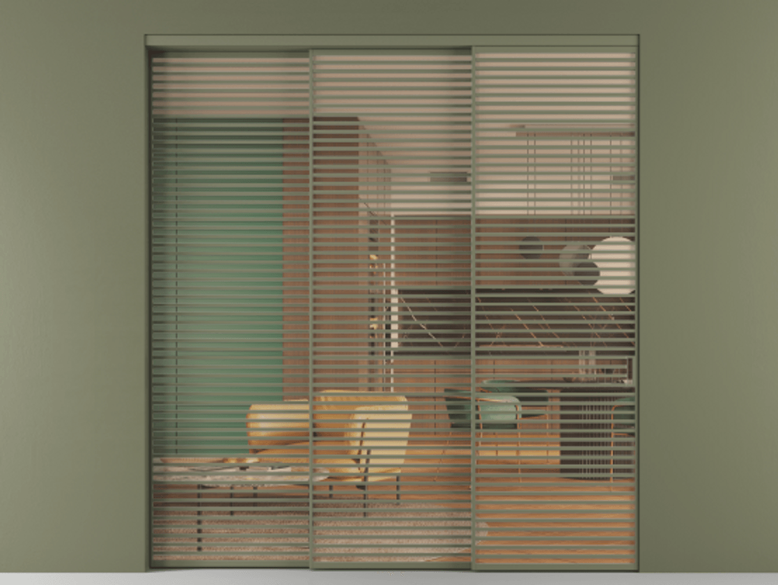 Перегородка Formato внутри проёма 3 створки с синхронным механизмом АЛПР 040.07 Алюминий оливковый тёмный Прозрачное оранжевое стекло, триплекс Цена 579740 ₽  | Volhovec