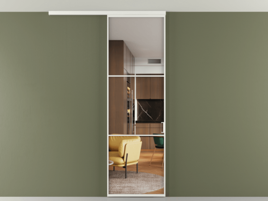 Перегородка Формато вдоль стены на потолок 1 створка АЛПР 040.03 Алюминий светло-серый Прозрачное стекло "Кристал Вижн", калёное Цена 125510 ₽ | Volhovec