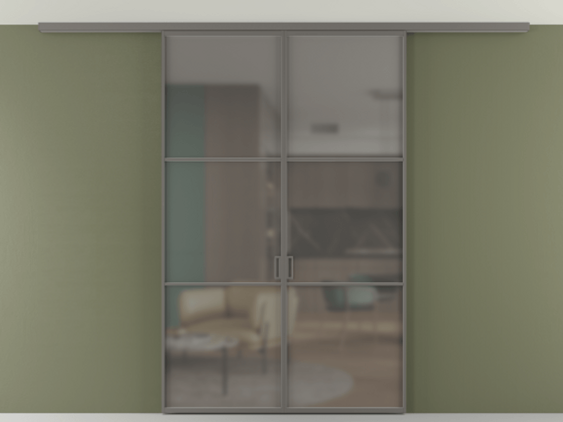 Перегородка Формато вдоль стены на потолок 2 створки АЛПР 040.03 Алюминий классический серый Сатинированное серое стекло, триплекс Цена 227920 ₽ | Volhovec