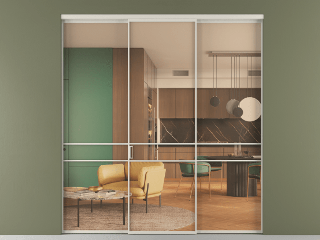 Перегородка Формато внутри проёма 3 створки АЛПР 040.02 Алюминий облачно-серый Прозрачное оранжевое стекло, триплекс Цена 237275 ₽ | Volhovec