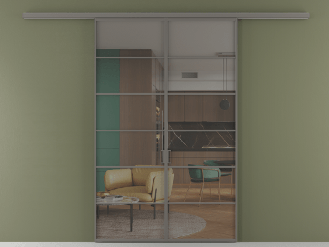 Перегородка Формато вдоль стены 2 створки АЛПР 040.04 Алюминий классический серый Прозрачное серое стекло, триплекс Цена 207150 ₽ | Volhovec