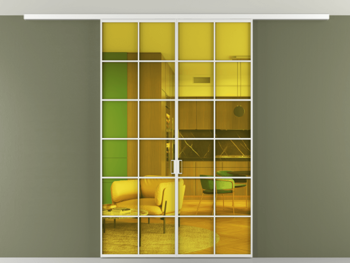 Перегородка Formato вдоль стены на потолок 2 створки АЛПР 040.05 Алюминий белоснежный Прозрачное жёлтое стекло, триплекс Цена 245080 ₽ | Volhovec