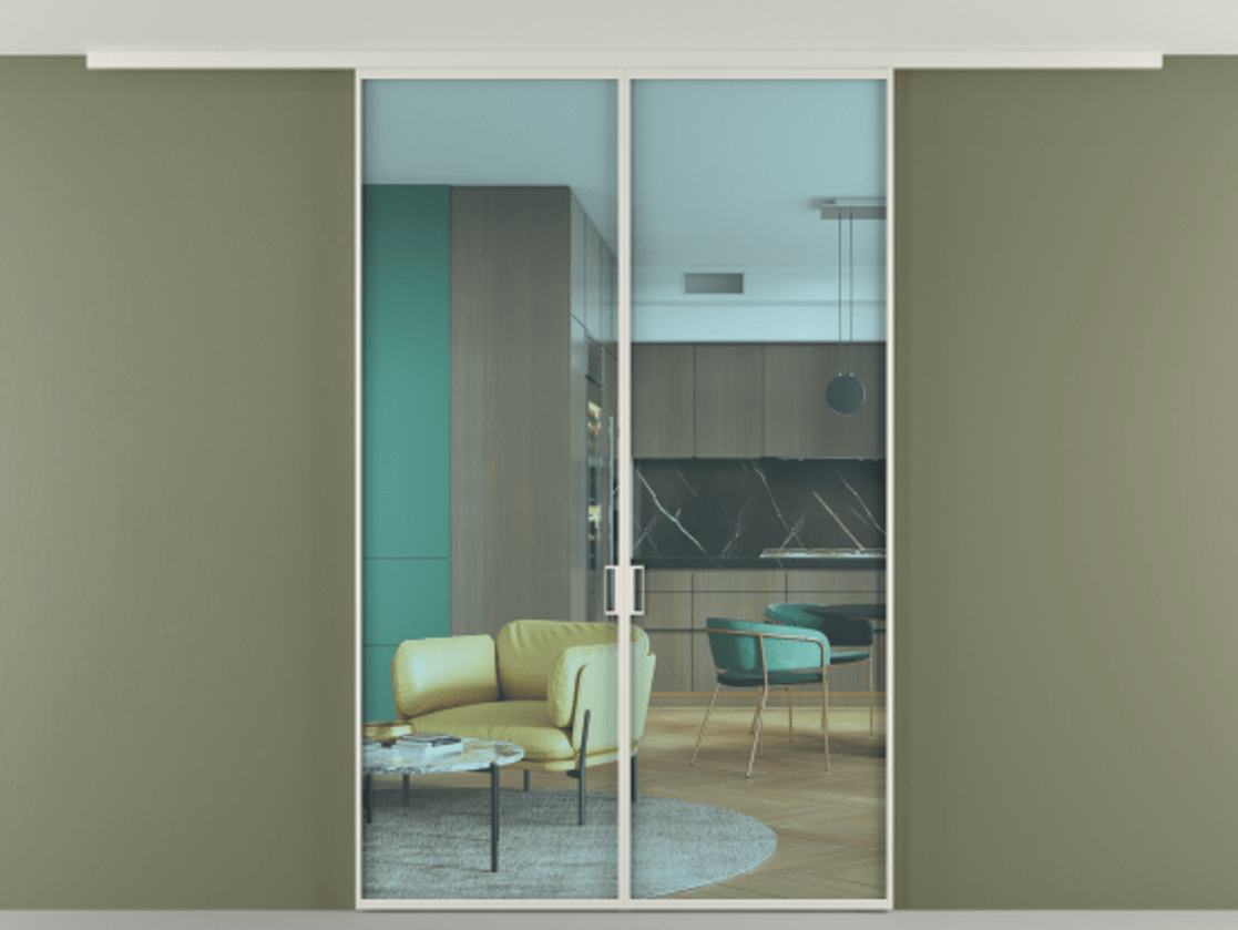 Перегородка Формато вдоль стены на потолок 2 створки АЛПР 040.01 Алюминий Белый Прозрачное голубое стекло, триплекс Цена 170995 ₽ | Volhovec