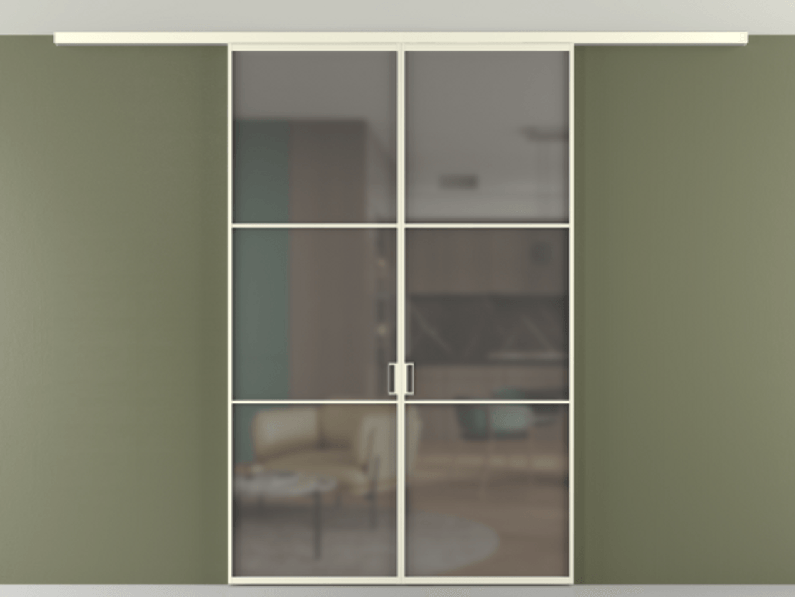 Перегородка Формато вдоль стены на потолок 2 створки АЛПР 040.03 Алюминий молочно-белый Сатинированное серое стекло, триплекс Цена 186615 ₽ | Volhovec