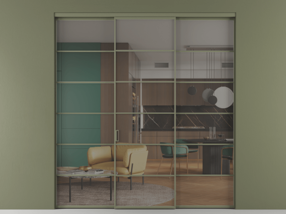 Перегородка Формато внутри проёма 3 створки АЛПР 040.04 Алюминий оливковый тёмный Прозрачное серое стекло, триплекс Цена 254825 ₽ | Volhovec