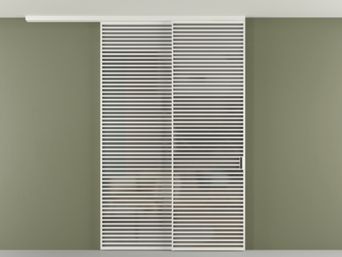 Перегородка Формато вдоль стены на потолок 2 створки с синхронным механизмом АЛПР 040.07 Алюминий светло-серый Сатинированное серое стекло, триплекс Цена 526620 ₽ | Volhovec