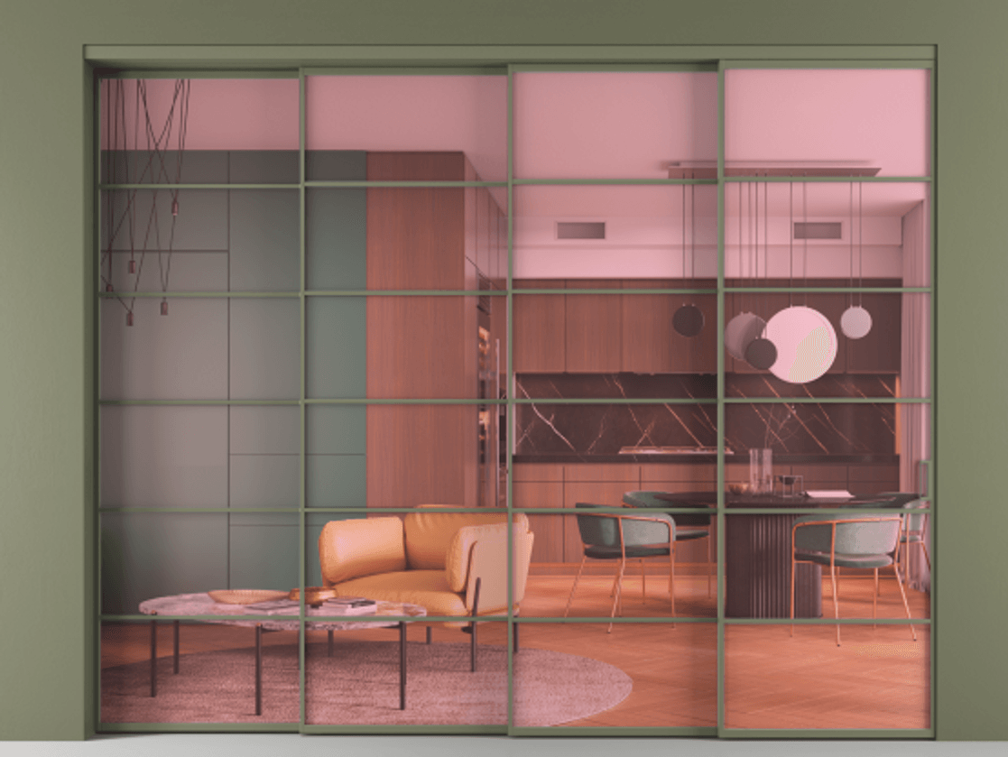 Перегородка Formato внутри проёма 4 створки с синхронным механизмом АЛПР 040.04 Алюминий оливковый тёмный Прозрачное розовое стекло, триплекс Цена 488680 ₽ | Volhovec