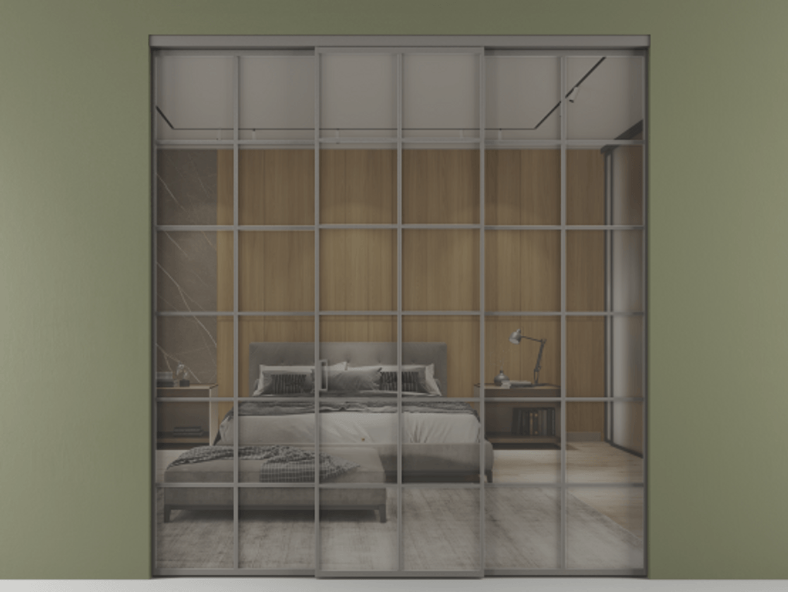 Перегородка Formato внутри проёма 3 створки АЛПР 040.05 Алюминий классический серый Рефлективное серое стекло "Stopsol", калёное Цена 341000 ₽ | Volhovec