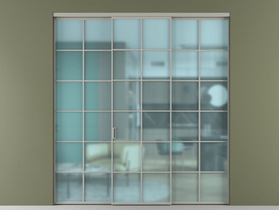 Перегородка Formato внутри проёма 3 створки АЛПР 040.05 Алюминий нейтральный серый Сатинированное голубое стекло, триплекс Цена 254825 ₽ | Volhovec