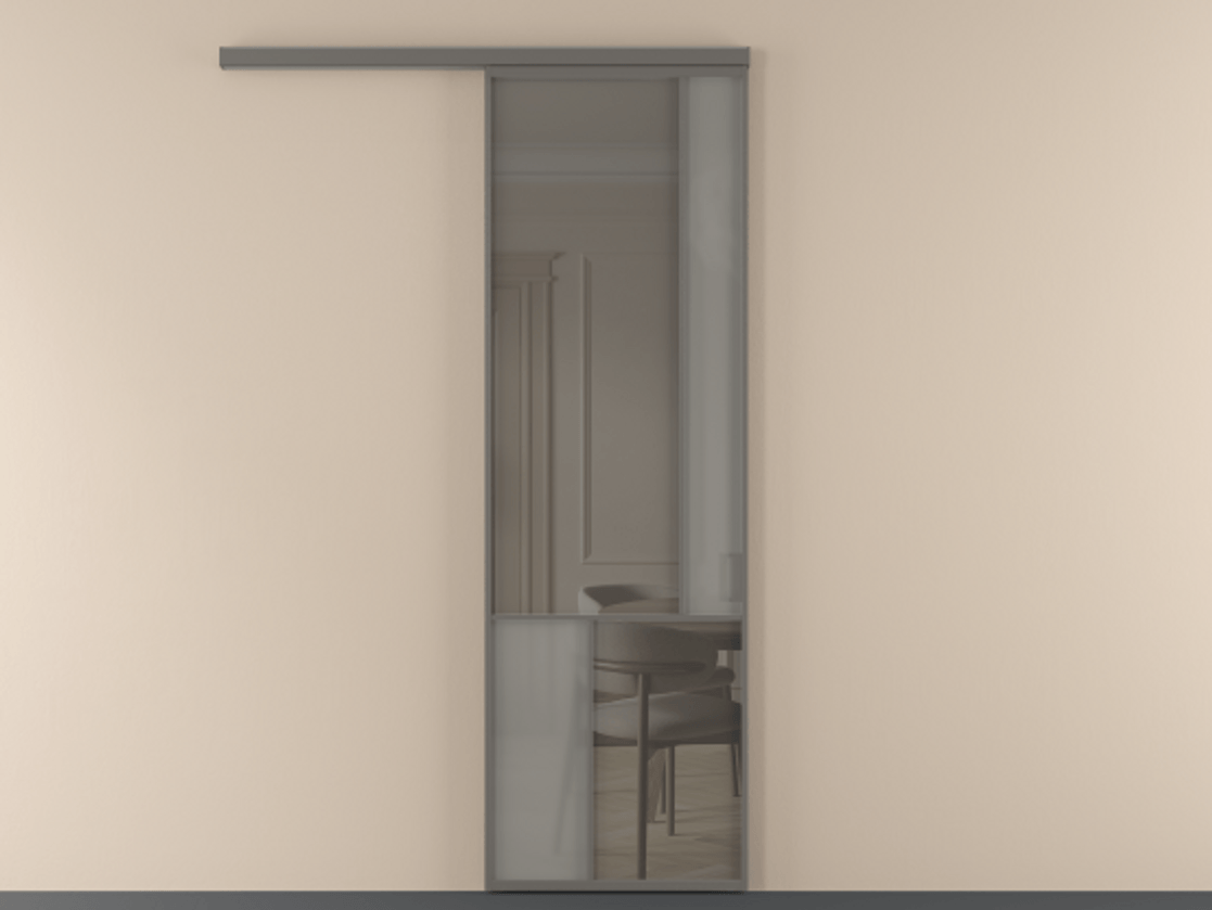 Перегородка Mosaic вдоль стены одностворчатая АЛПР 041.21 Алюминий классический серый Сатинированное серое стекло, триплекс, 6 мм + Прозрачное серое стекло, триплекс, 6 мм Цена 129170 ₽ | Volhovec