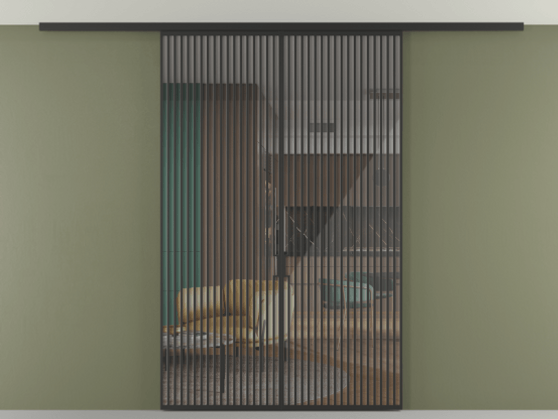 Перегородка Формато вдоль стены на потолок 2 створки АЛПР 040.06 Алюминий Черный Рефлективное прозрачное стекло "Стопсол", калёное Цена 440160 ₽ | Volhovec