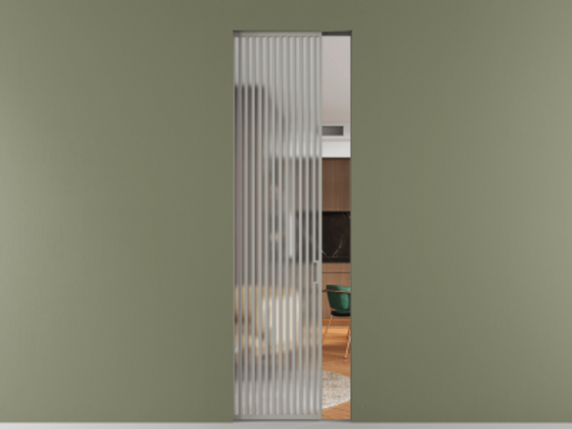 Перегородка Формато скрытый пенал 1 створка АЛПР 040.06 Алюминий нейтральный серый Сатинированное стекло "Мателюкс Кристал Вижн", калёное, матовое, каленое 6 мм Цена 240180 ₽ | Volhovec