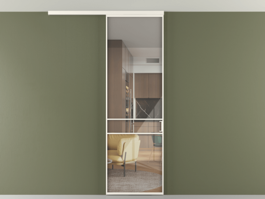 Перегородка Formato вдоль стены на потолок 1 створка АЛПР 040.02 Алюминий пудровый белый Рефлективное прозрачное стекло "Стопсол", калёное Цена 125510 ₽ | Volhovec