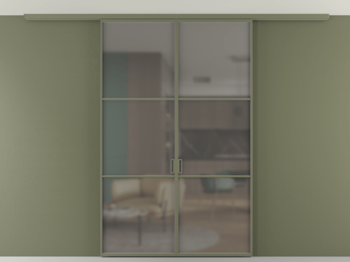 Перегородка Формато вдоль стены на потолок 2 створки АЛПР 040.03 Алюминий оливковый тёмный Сатинированное серое стекло, триплекс Цена 227920 ₽ | Volhovec