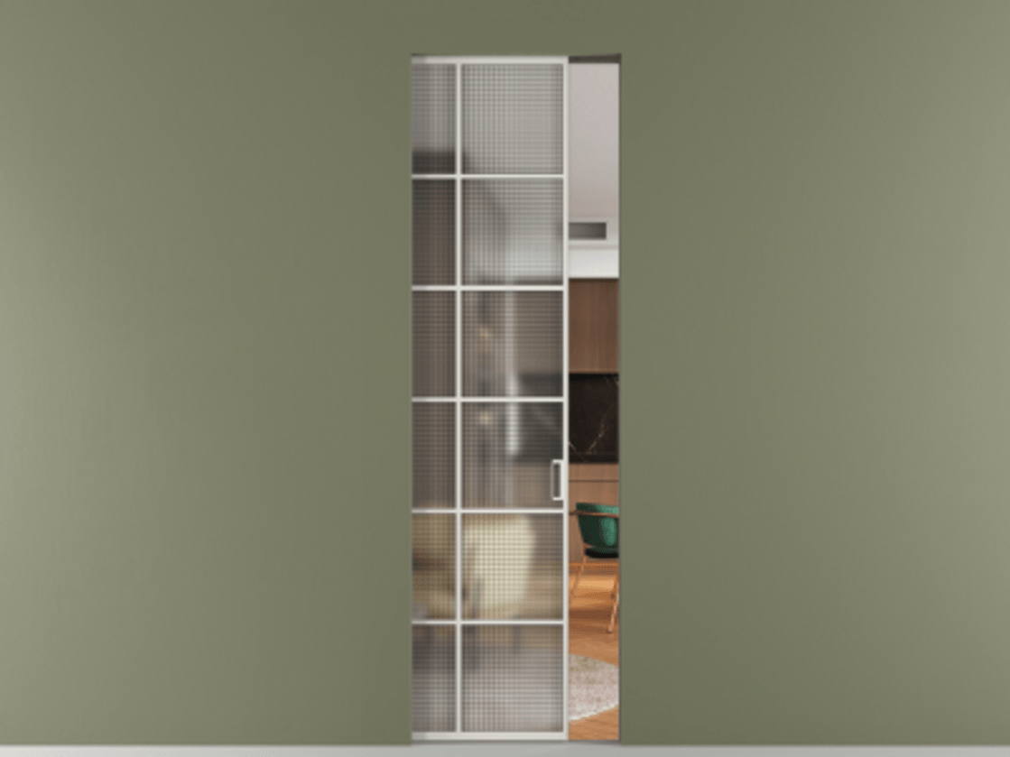 Перегородка Formato скрытый пенал 1 створка АЛПР 040.05 Алюминий Белый Декоративное стекло с сеткой "Mesh silver", триплекс Цена 182200 ₽ | Volhovec