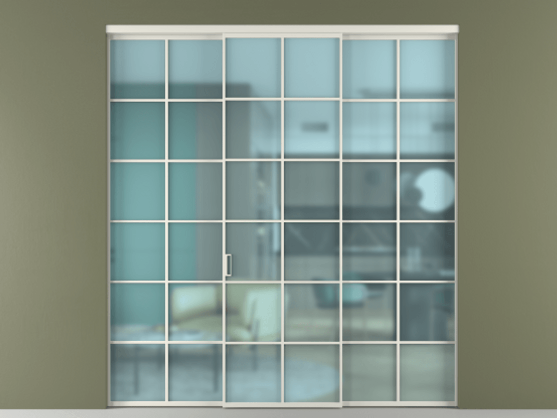 Перегородка Formato внутри проёма 3 створки АЛПР 040.05 Алюминий Белый Сатинированное голубое стекло, триплекс Цена 244625 ₽ | Volhovec