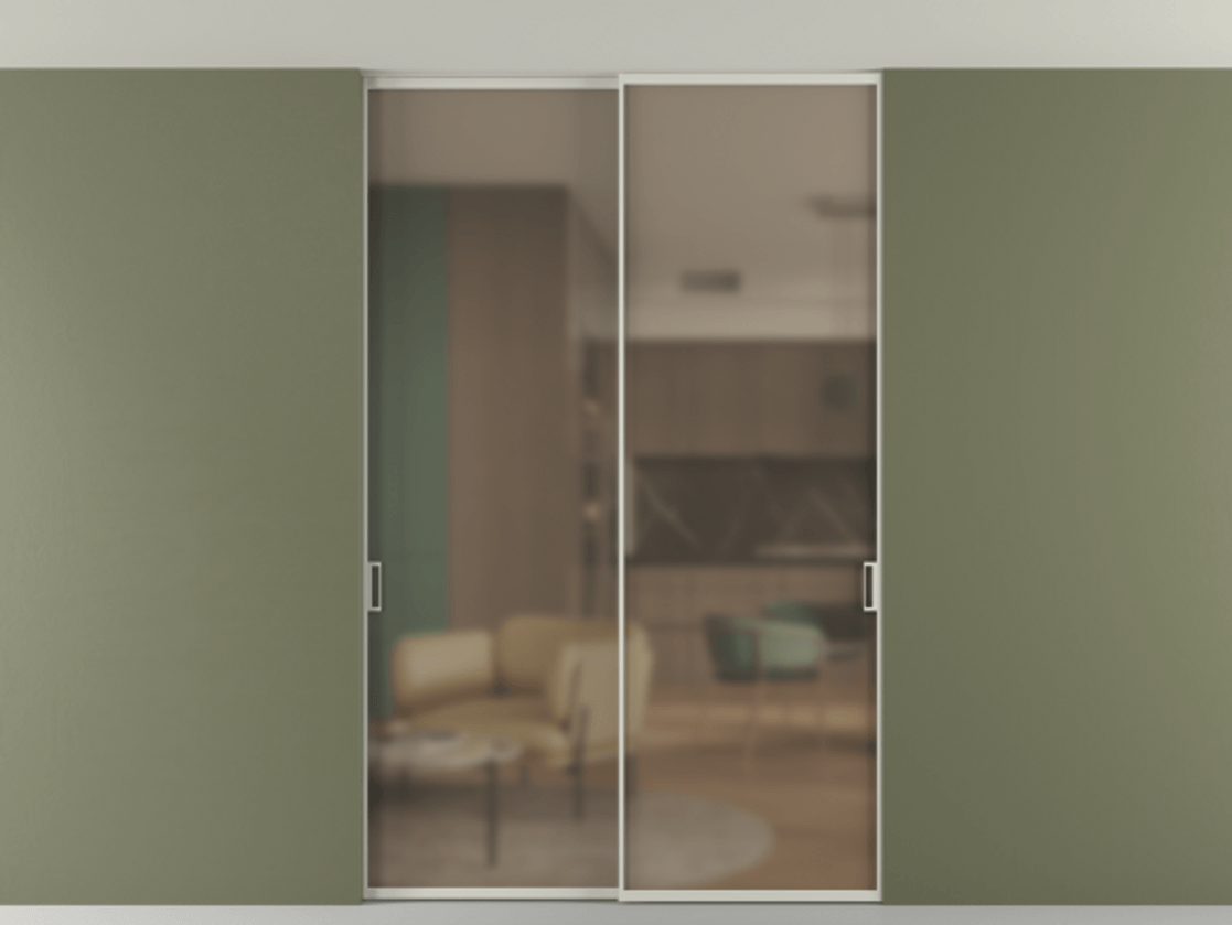 Перегородка Формато внутри проёма скрытое крепление в потолок 2 створки АЛПР 040.01 Алюминий тёплый серый Сатинированное бронзовое стекло, триплекс Цена 239305 ₽ | Volhovec