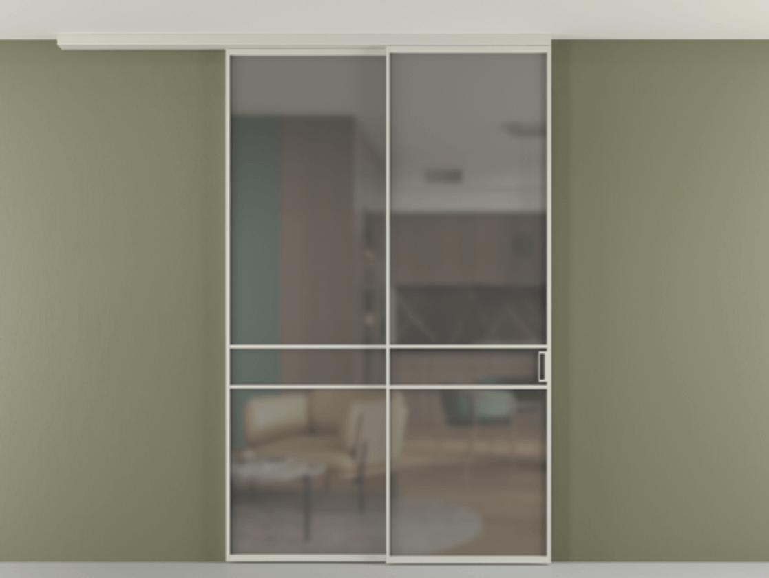 Перегородка Формато вдоль стены на потолок 2 створки с синхронным механизмом АЛПР 040.02 Алюминий тёплый серый Сатинированное серое стекло, триплекс Цена 311020 ₽ | Volhovec