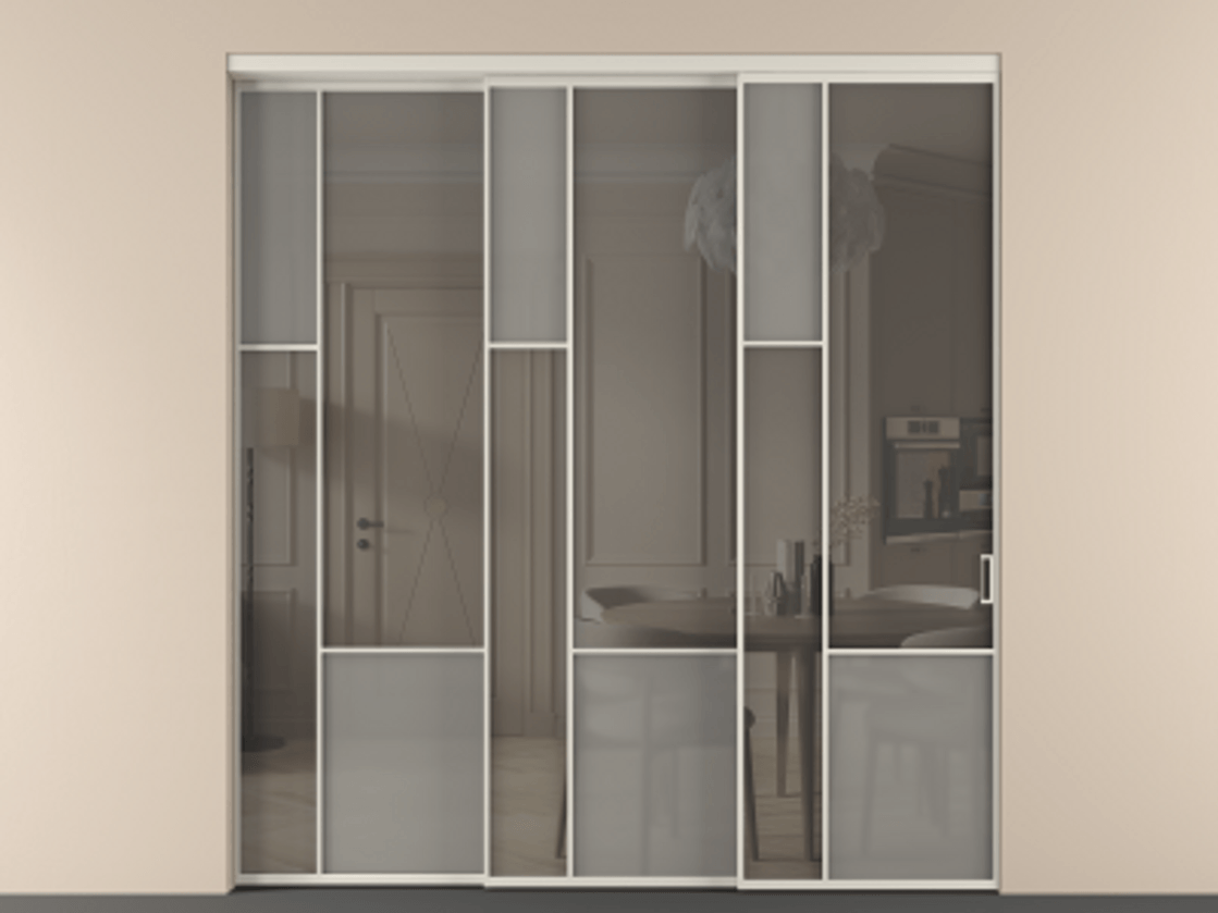 Перегородка Мозаик внутри проёма 3 створки с синхронным механизмом АЛПР 041.13 Алюминий облачно-серый Сатинированное серое стекло, триплекс, 6 мм + Прозрачное серое стекло, триплекс Цена 437390 ₽ | Volhovec