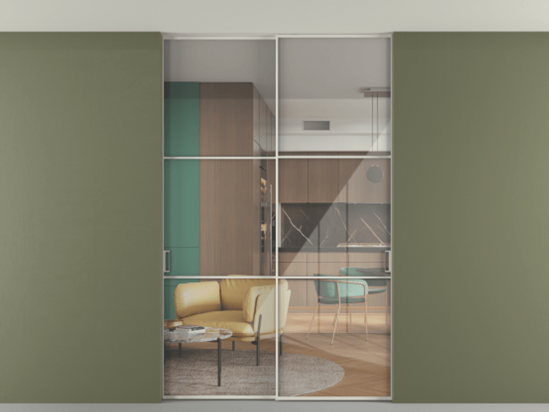 Перегородка Формато внутри проёма скрытое крепление в потолок 2 створки АЛПР 040.03 Алюминий Белый Рефлективное прозрачное стекло "Стопсол", калёное Цена 297600 ₽ | Volhovec