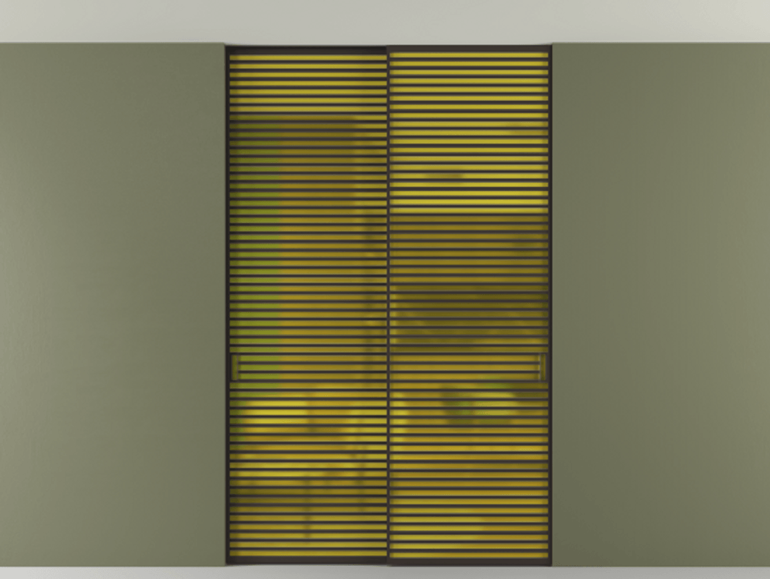 Перегородка Формато внутри проёма скрытое крепление в потолок 2 створки АЛПР 040.07 Алюминий антрацит Сатинированное жёлтое стекло, триплекс Цена 409915 ₽ | Volhovec