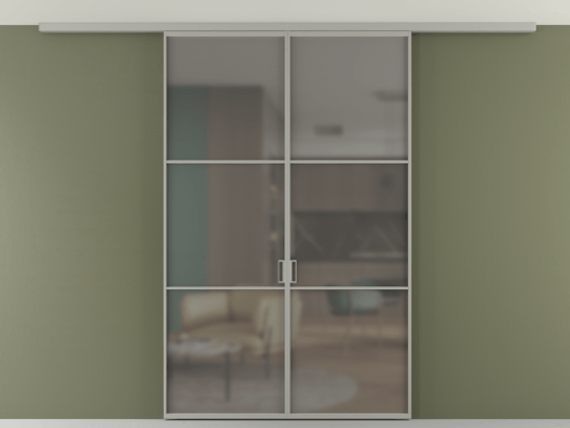 Перегородка Формато вдоль стены на потолок 2 створки АЛПР 040.03 Алюминий нейтральный серый Сатинированное серое стекло, триплекс Цена 227920 ₽ | Volhovec