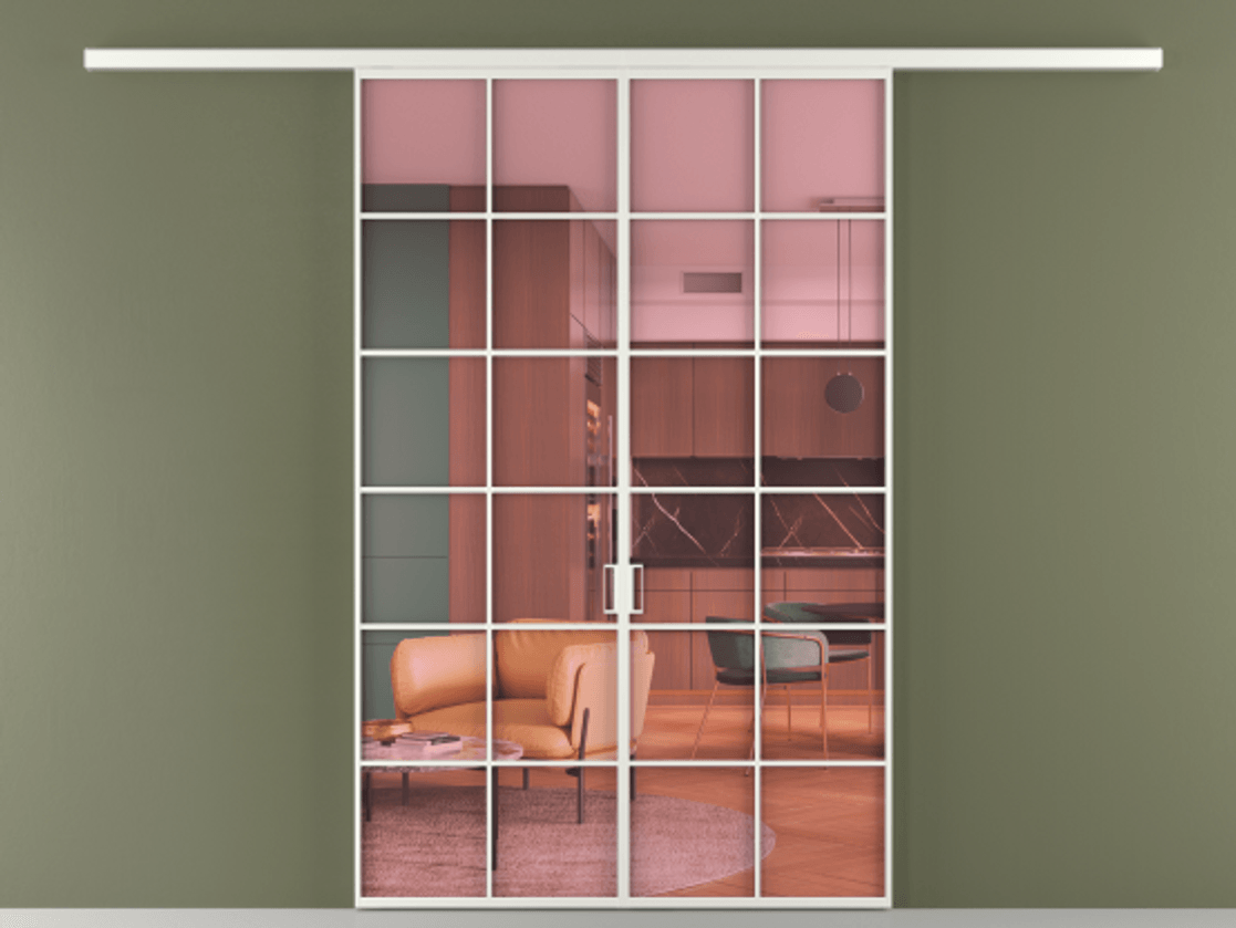 Перегородка Формато вдоль стены 2 створки АЛПР 040.05 Алюминий светло-серый Прозрачное розовое стекло, триплекс Цена 207150 ₽ | Volhovec