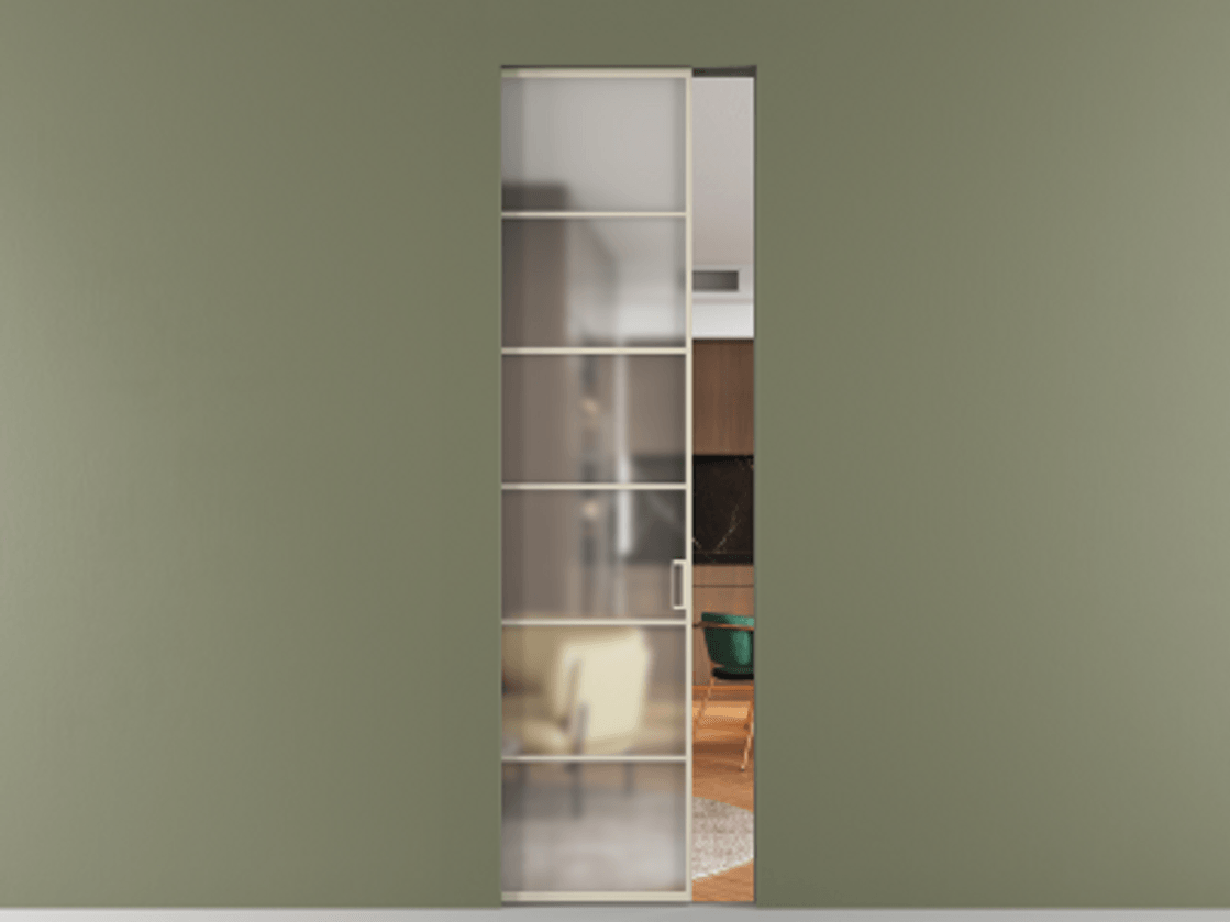 Перегородка Формато скрытый пенал 1 створка АЛПР 040.04 Алюминий бежево-серый Сатинированное стекло "Мателюкс Кристал Вижн", калёное, матовое, каленое 6 мм Цена 168020 ₽ | Volhovec