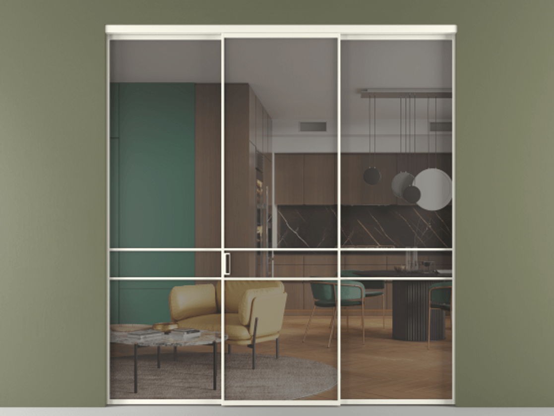 Перегородка Formato внутри проёма 3 створки АЛПР 040.02 Алюминий жемчужный Прозрачное серое стекло, триплекс Цена 237275 ₽ | Volhovec