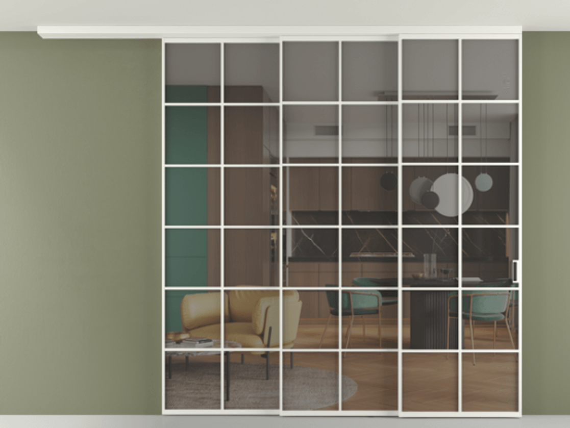 Перегородка Формато вдоль стены на потолок 3 створки с синхронным механизмом АЛПР 040.05 Алюминий светло-серый Прозрачное серое стекло, триплекс Цена 403278 ₽ | Volhovec