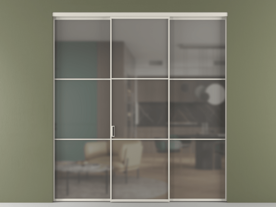 Перегородка Формато внутри проёма 3 створки АЛПР 040.03 Алюминий облачно-серый Сатинированное серое стекло, триплекс Цена 237275 ₽ | Volhovec