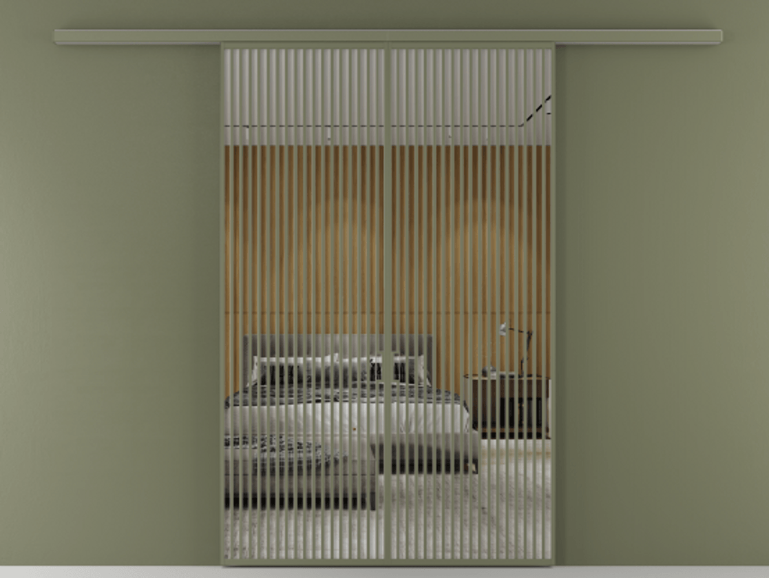 Перегородка Формато вдоль стены 2 створки АЛПР 040.06 Алюминий оливковый тёмный Двустороннее зеркало, триплекс , триплекс 6 мм Цена 342450 ₽ | Volhovec