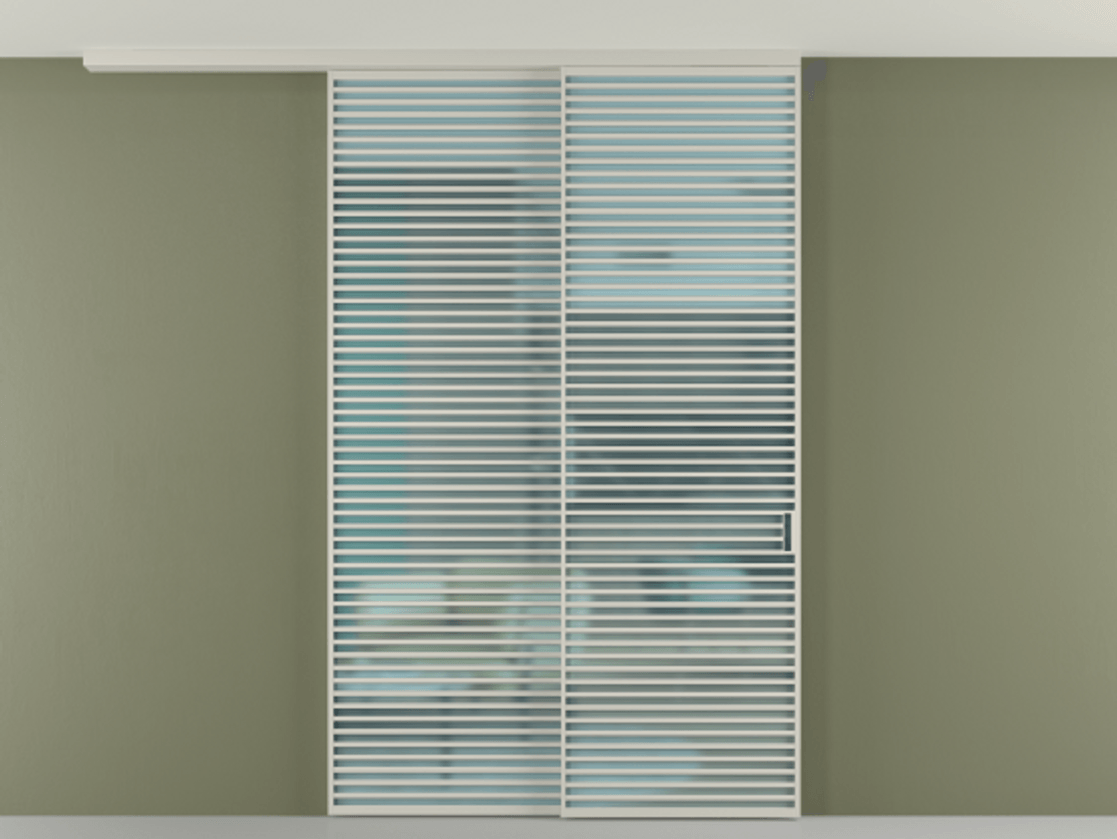 Перегородка Formato вдоль стены на потолок 2 створки с синхронным механизмом АЛПР 040.07 Алюминий тёплый серый Сатинированное голубое стекло, триплекс Цена 472980 ₽ | Volhovec