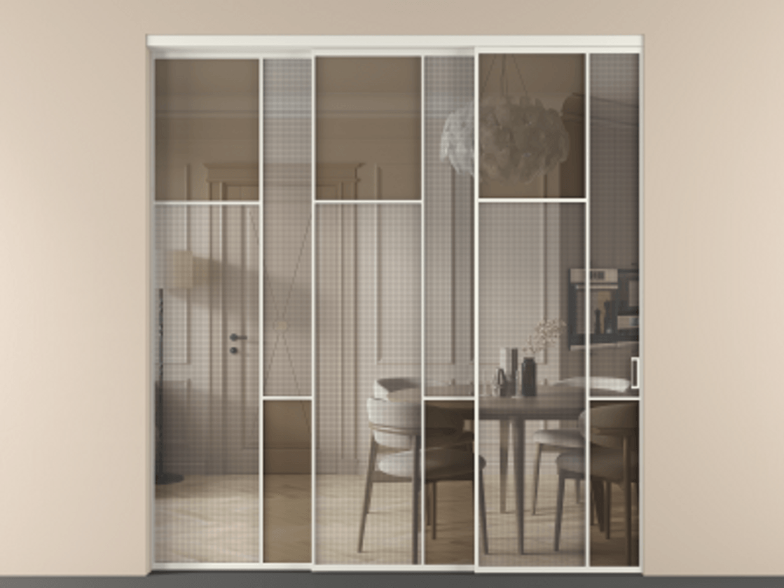 Перегородка Mosaic внутри проема телескопик синхро-3 АЛПР 041.10 Алюминий Белый Mesh silver + Бронза прозрачное триплекс Цена 404140 ₽ | Volhovec