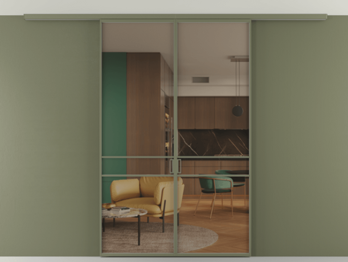 Перегородка Формато вдоль стены на потолок 2 створки АЛПР 040.02 Алюминий оливковый тёмный Прозрачное бронзовое стекло, триплекс Цена 186615 ₽ | Volhovec