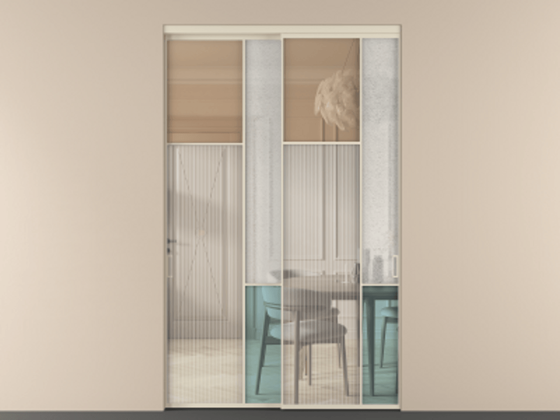 Перегородка Mosaic внутри проёма двустворчатая АЛПР 041.10 Алюминий бежево-серый Комбинация стекол Группы 1 и Группы 3 Цена 506160 ₽ | Volhovec