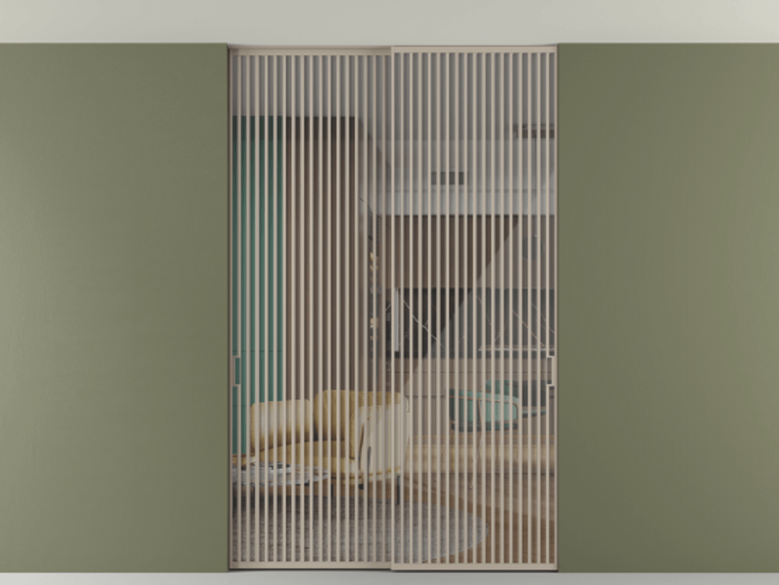 Перегородка Формато внутри проёма скрытое крепление в потолок 2 створки АЛПР 040.06 Алюминий бисквитный Рефлективное прозрачное стекло "Стопсол", калёное Цена 521120 ₽ | Volhovec