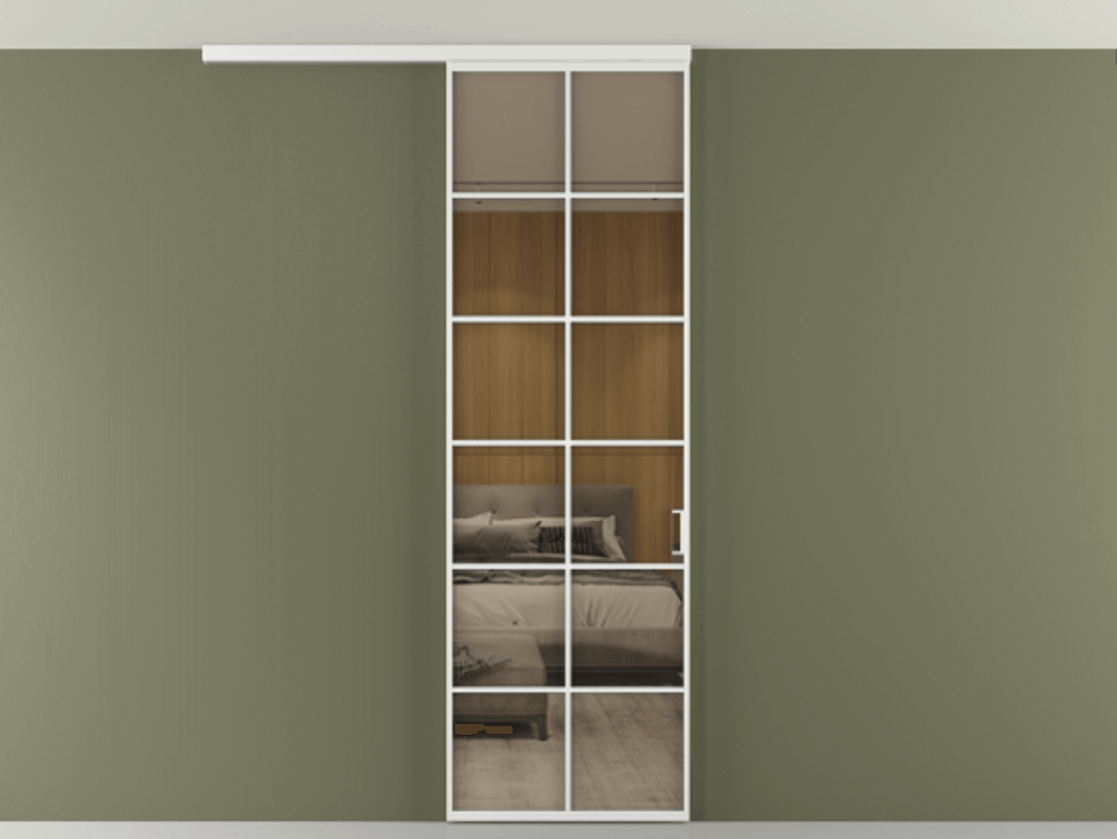 Перегородка Формато вдоль стены на потолок 1 створка АЛПР 040.05 Алюминий белоснежный Рефлективное бронзовое стекло "Стопсол", калёное Цена 114252 ₽ | Volhovec